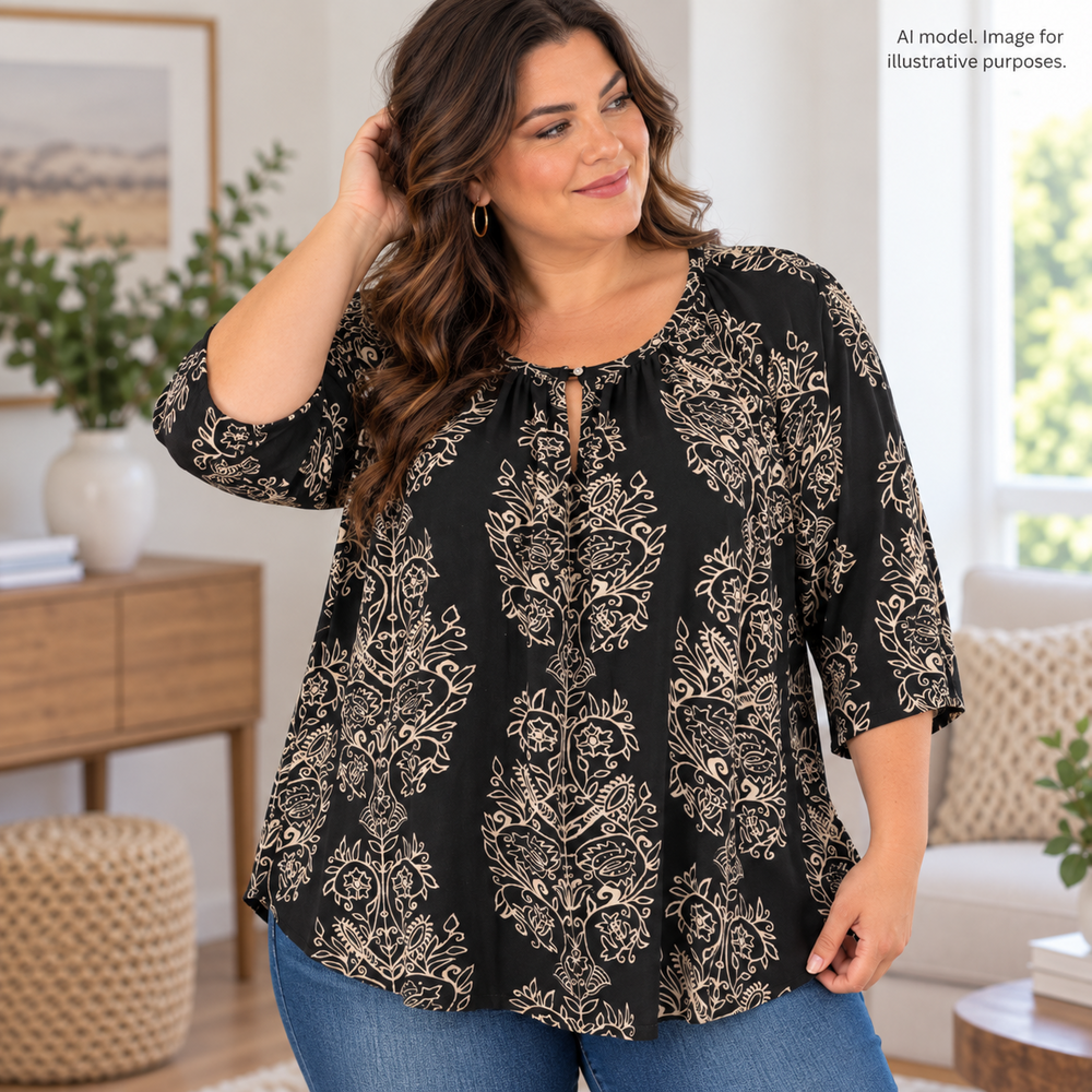 Lucky Brand Shirt Womens 1X Black Keyhole Floral Prairie Country Boho Gypsy